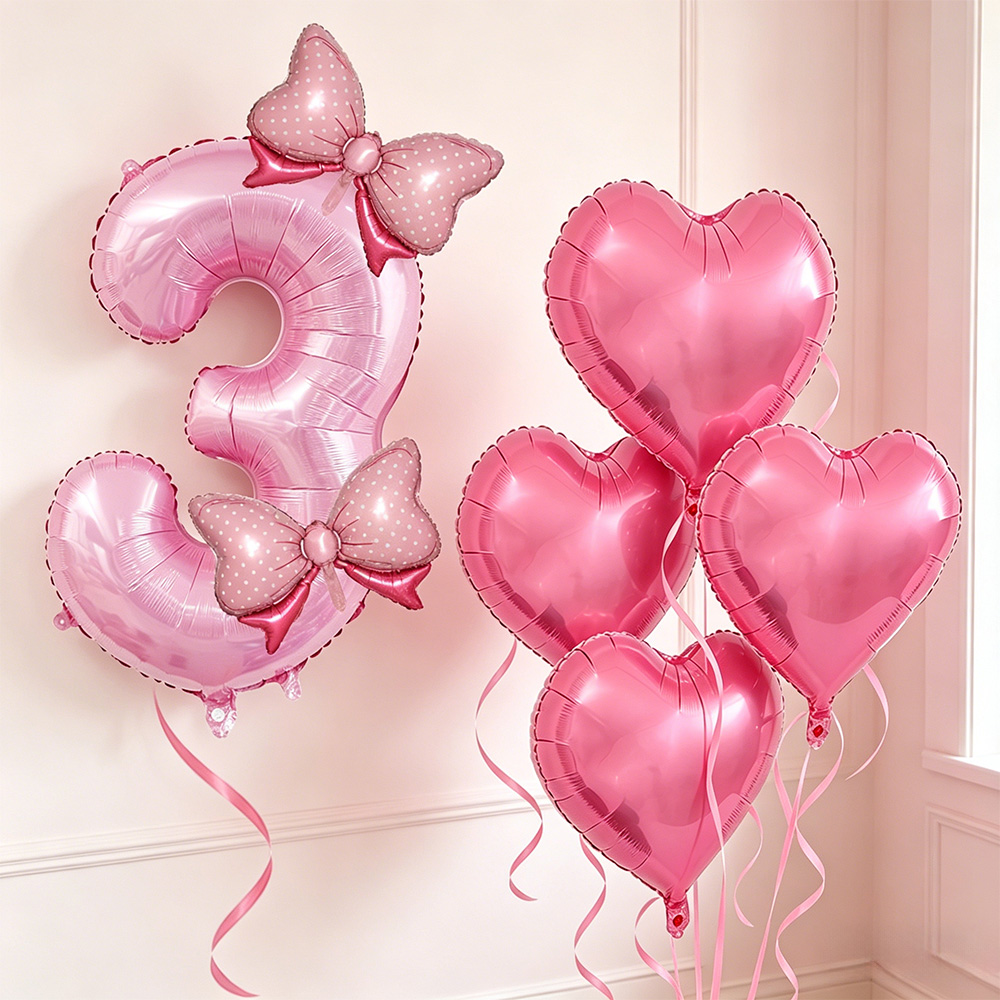 Confetti Balloon Set - ของตกแต่งงานปาร์ตี้โบว์สีชมพู ลูกโป่งตัวเลขวันเกิดโบว์สีชมพู ลูกโป่งรูปหัวใจ ของตกแต่งวันเกิดเด็กผู้หญิง ของตกแต่งงานปาร์ตี้โบว์สีชมพู