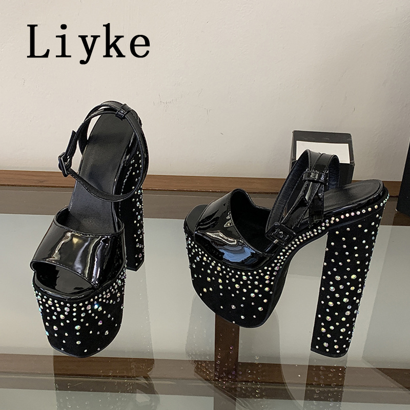 Wedding Super - รองเท้าส้นสูงแบบหนาประดับคริสตัล Rhinestone ยี่ห้อ Liyke Fashion สำหรับผู้หญิง