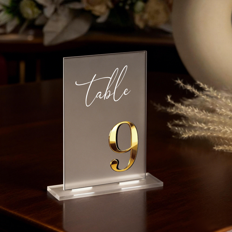 Table Number Gold - ป้ายเลขโต๊ะอะคริลิค ป้ายเลขโต๊ะงานแต่งงาน ป้ายเลขโต๊ะแบบฝ้าพร้อมกระจกเงา 3 มิติสีทอง ป้ายเลขโต๊ะร้านอาหาร