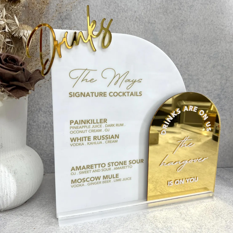 Table Number Gold - เมนูบาร์แบบกำหนดเองพร้อมตัดแบบ 3 มิติ ป้ายค็อกเทลลายเซ็นงานแต่งงาน กระจกสีทองพร้อมอะคริลิคสีขาว ของตกแต่งโต๊ะงานแต่งงาน