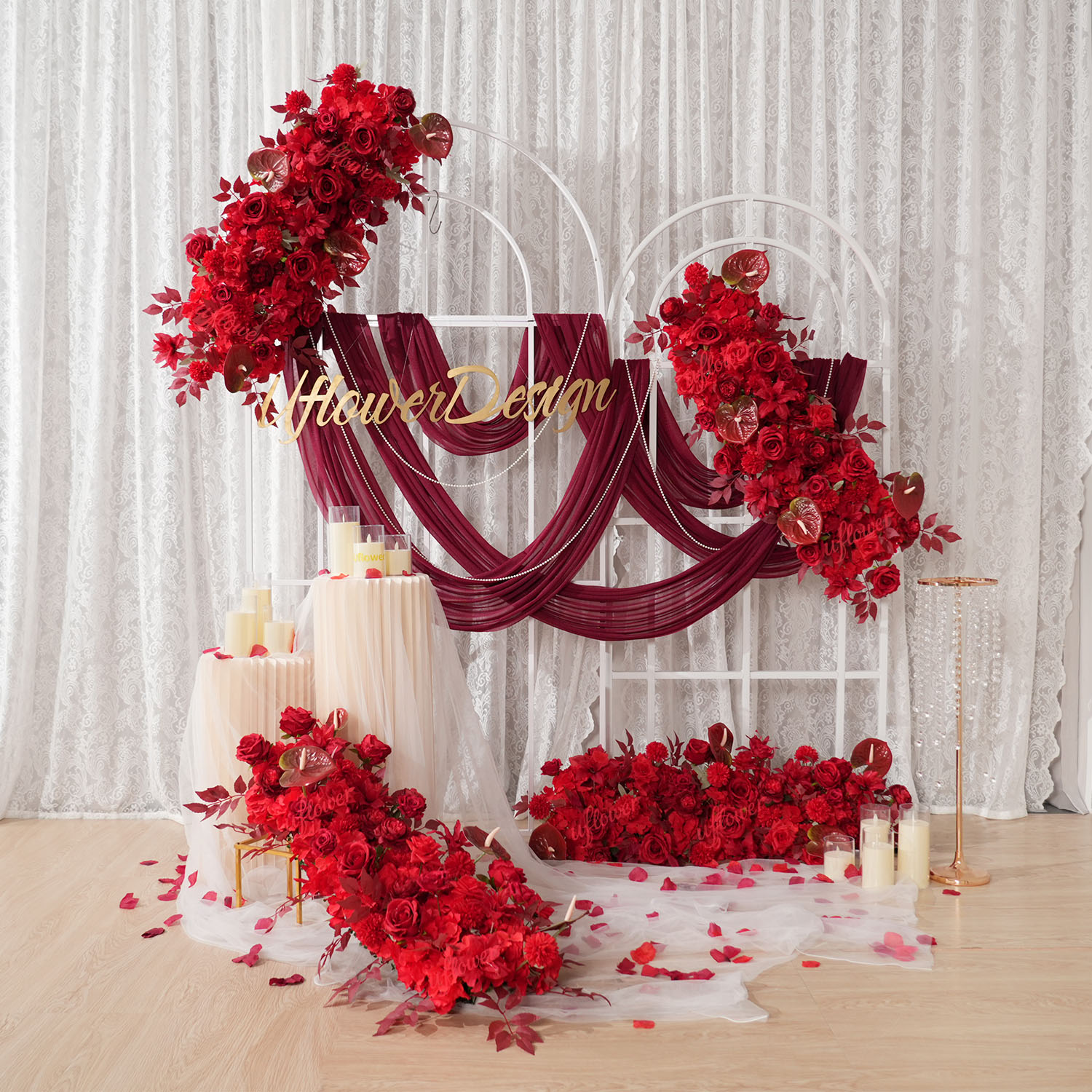 Wedding Arch Flower - ซุ้มดอกไม้สีแดงสำหรับตกแต่งงานแต่งงาน ฉากหลังตกแต่งโต๊ะกลาง งานอีเว้นท์ ตกแต่งทางเดิน จัดดอกไม้สำหรับงานอีเว้นท์