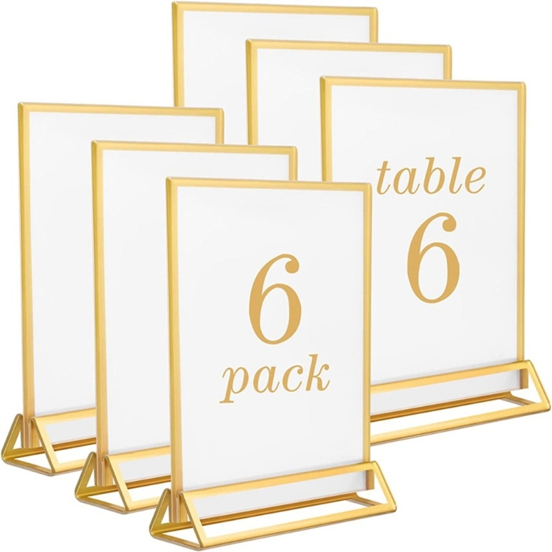 Table Number Gold - หมายเลขโต๊ะแต่งงานทำจากอะคริลิคใสพร้อมกรอบรูปเส้นขอบสีทองที่แขวนป้ายสำหรับใส่เมนูอาหารบนโต๊ะและบัตรจอแสดงภาพ
