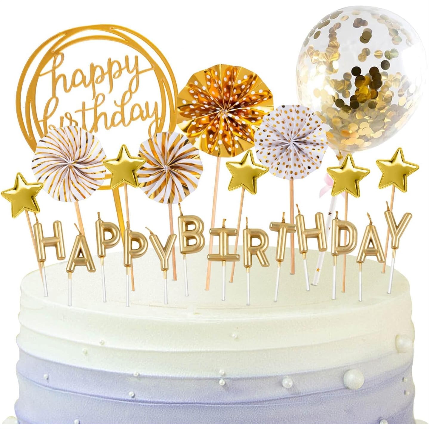 Confetti Balloon Set - ชุดเทียนวันเกิดสีทอง พร้อมท็อปเปอร์เค้ก ลูกโป่งคอนเฟตติ พัดดาว ท็อปเปอร์คัพเค้ก 12
