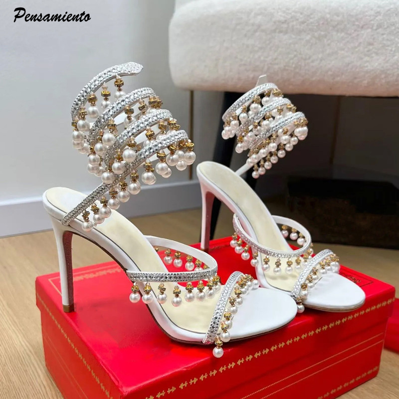 Wedding Super - รองเท้าส้นสูงประดับมุกและคริสตัลหรูหรา สไตล์กลาดิเอเตอร์ สายรัดข้อเท้าลายงู ผ้าซาติน เหมาะสำหรับงานเลี้ยงฤดูร้อนและงานแต่งงาน