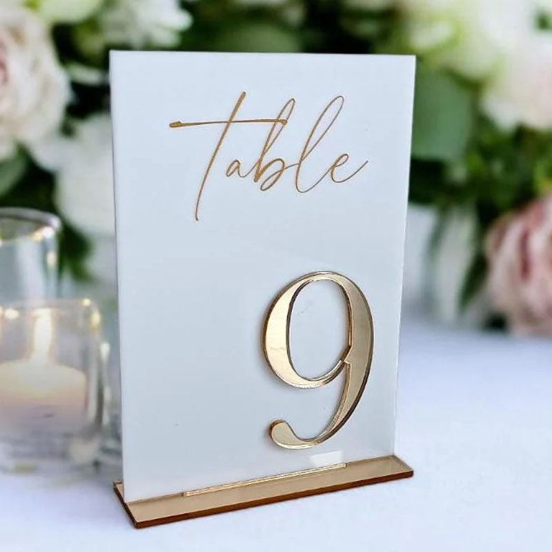 Table Number Gold - หมายเลขโต๊ะงานแต่งงานสำหรับพิธีและงานเลี้ยง หมายเลขโต๊ะสีทอง ของตกแต่งโต๊ะ หมายเลขโต๊ะอะคริลิค