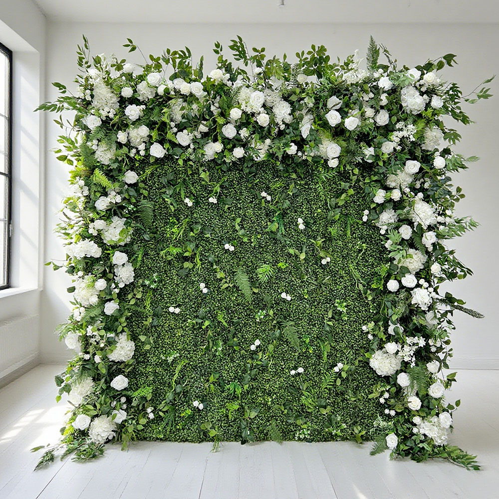 Wedding Supply Wholesale - ฉากหลังดอกไม้ประดิษฐ์ผ้าไหมสีขาวและสีเขียวสำหรับงานแต่งงาน ขายส่งตามสั่ง